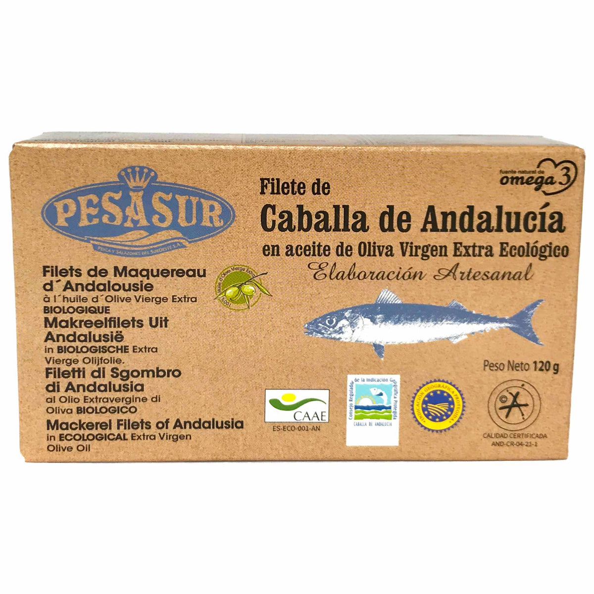 PESASUR MACKEREL (CABALLA DE ANDALUCIA) FILLETS IN ORGANIC EXTRA VIRGIN OLIVE OIL, 120g