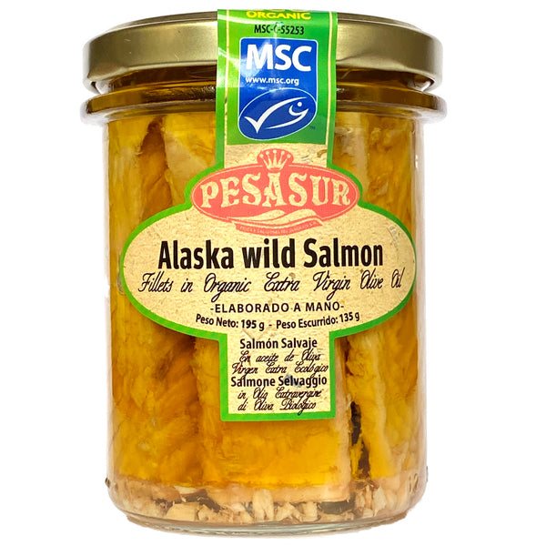 PESASUR MSC ALASKA WILD SALMON FILLETS IN ORGANIC EXTRA VIRGIN OLIVE OIL 195g