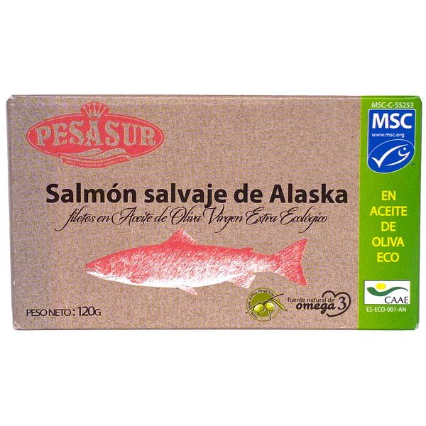 PESASUR MSC ALASKA WILD SALMON FILLETS IN ORGANIC EXTRA VIRGIN OLIVE OIL, 120g